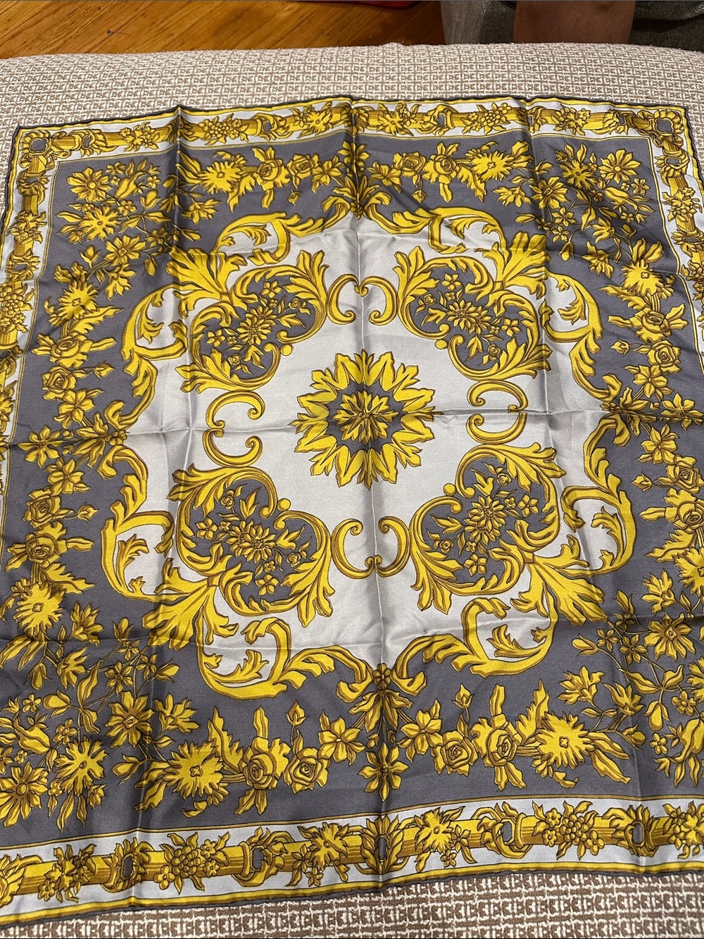 26x26 vintage all silk Yellow and Gray Floral Baroque Scarf